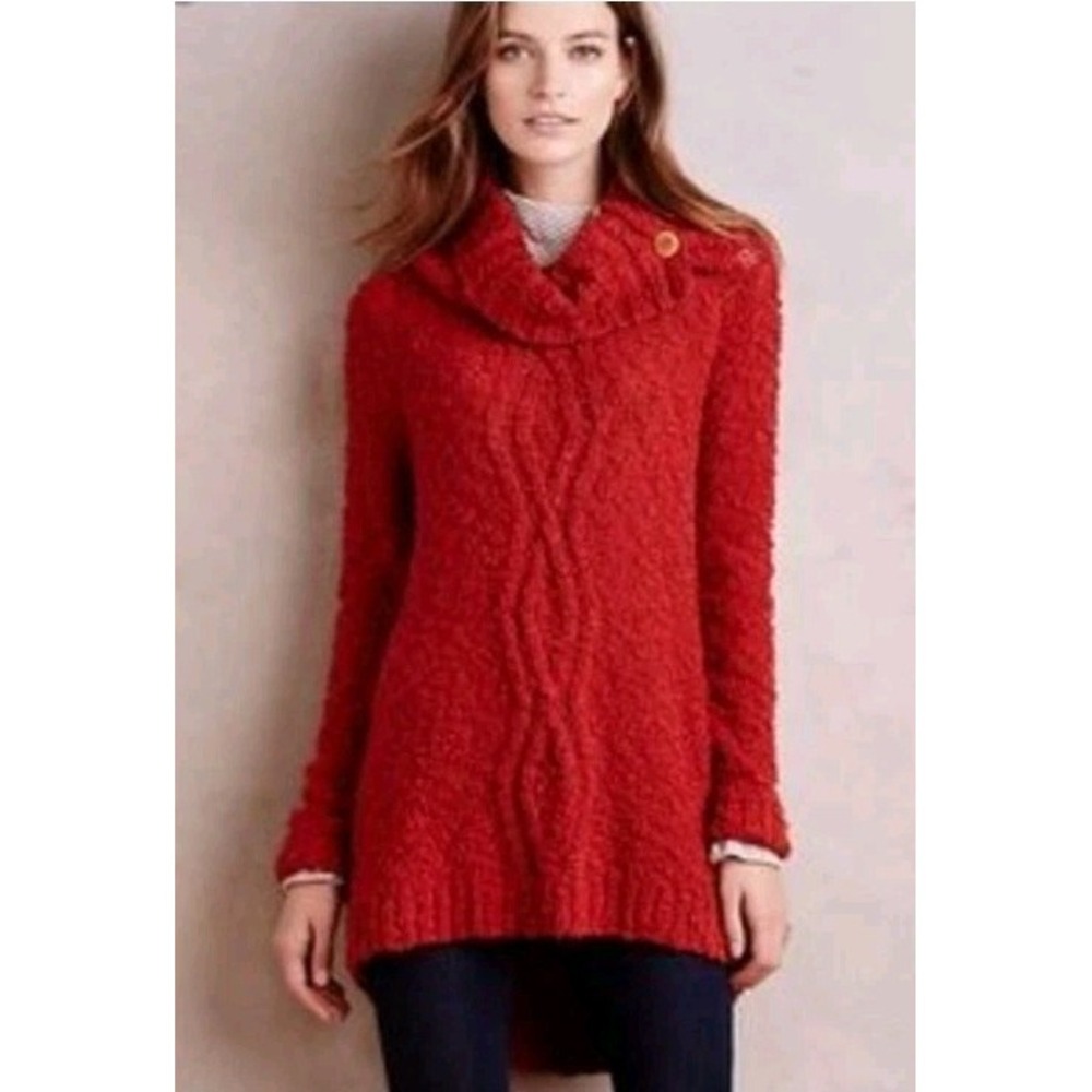 Moth Anthropologie XS Tunic Oversized Sweater Boucle Cowl Neck Cable Knit Red
